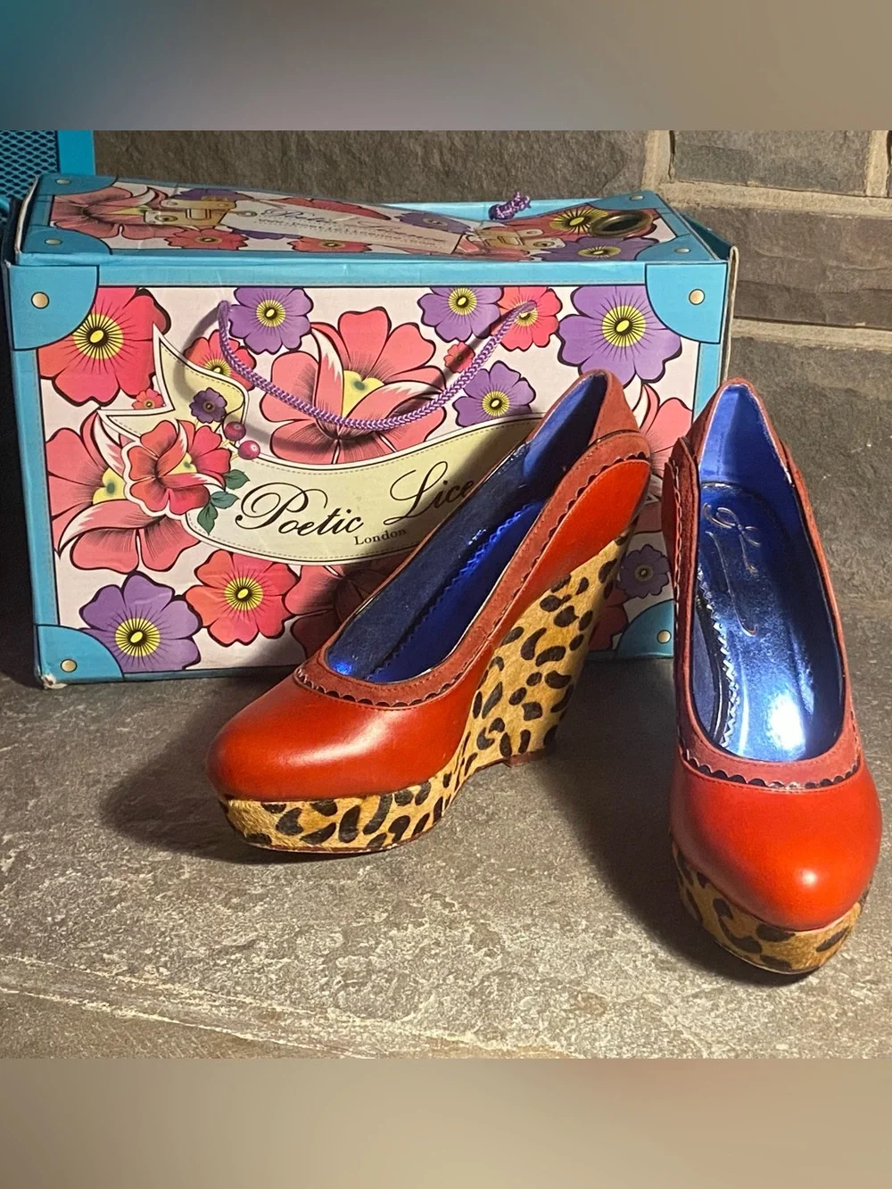Irregular Choice Body Love platform wedges,red leather,leopard faux fur,in box,7